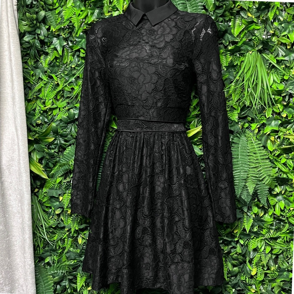 Likely Dress Size 2 Black Floral Lace Long Sleeve Collared Mini LBD Skater 4139